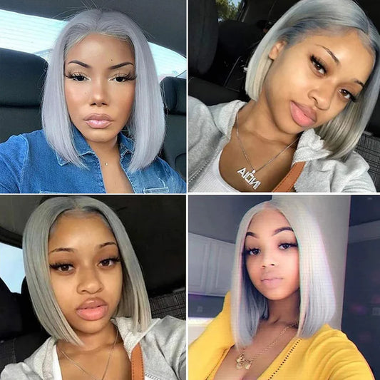 Grey Lace Bob wig human Hair  Pre Pluck Short Straight Virgin Hair 180% Density